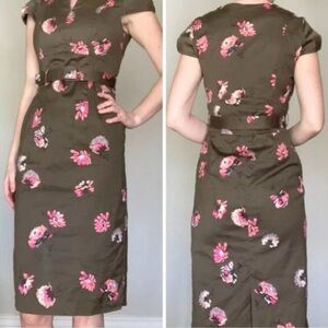 Boden Olive green and pink floral belted pencil midi dress size 4R